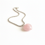 Rose Quartz heart pendant necklace on silver ball chain — clean white background product shot