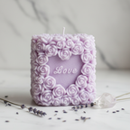 Pastel lavender Love Pillar rose candle on white marble - Just Natural Purity
