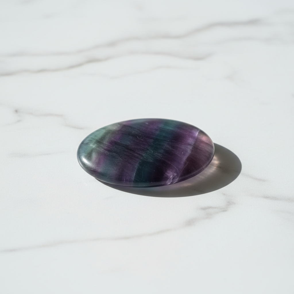 Rainbow Fluorite Palm Stone with purple green blue bands on marble surface