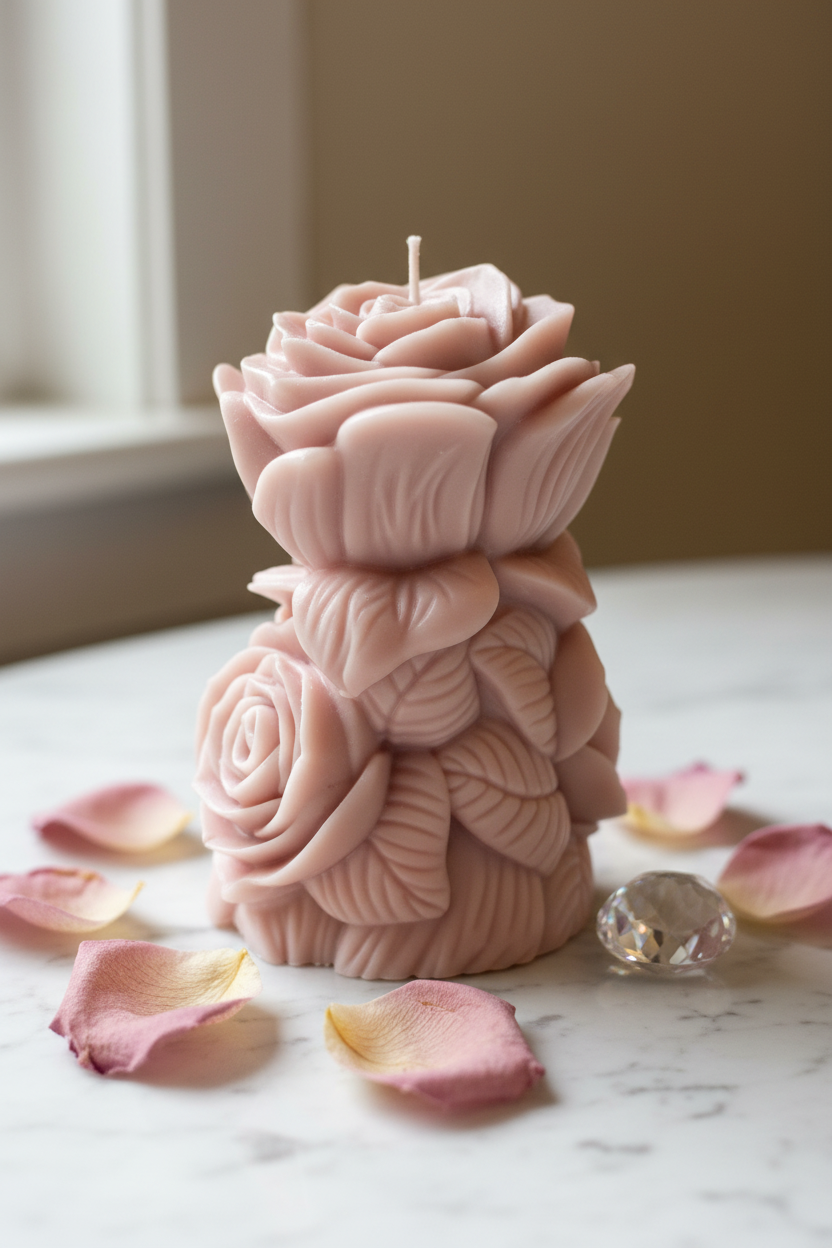 Carved rose pillar candle in pastel blush pink on white marble - Just Natural Purity