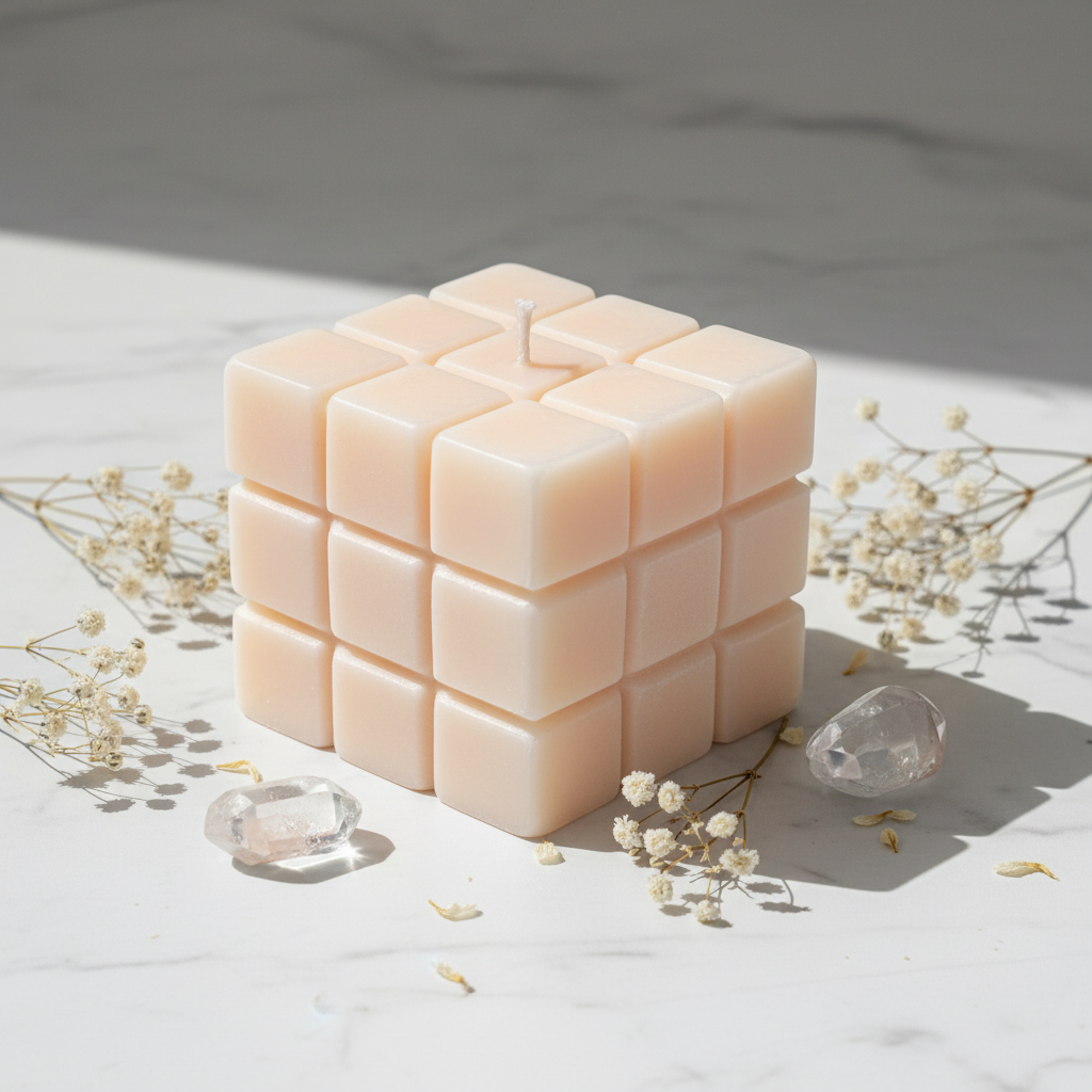 Pastel peach dice candle on white marble - Just Natural Purity
