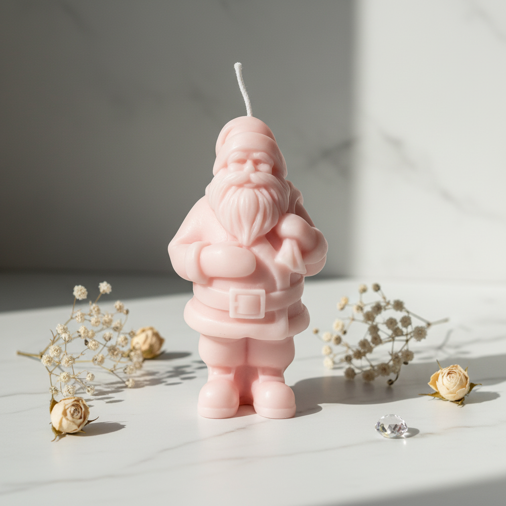 Pastel blush pink Santa Claus figurine candle on white marble - Just Natural Purity