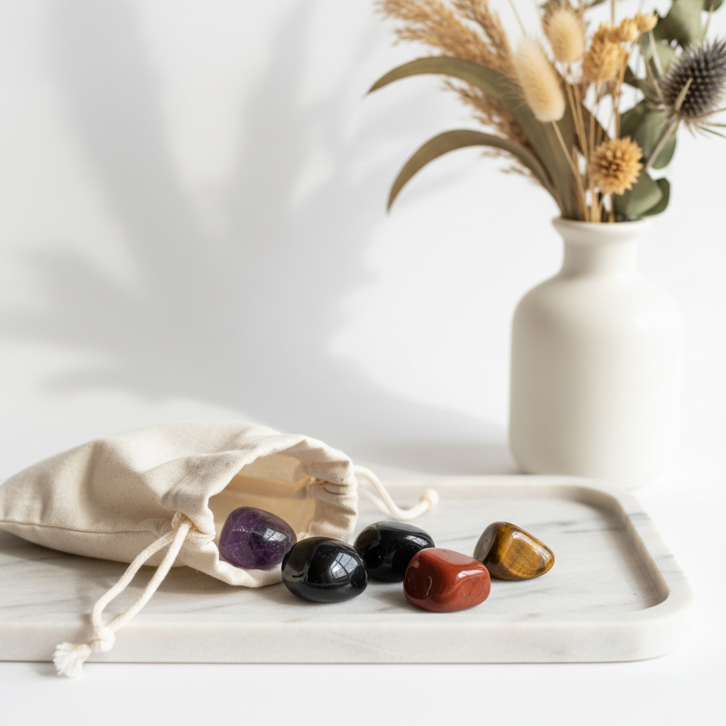 Protection Shield Crystal Set - four crystal tumbles spilling from cream cotton potli bag with dried botanicals