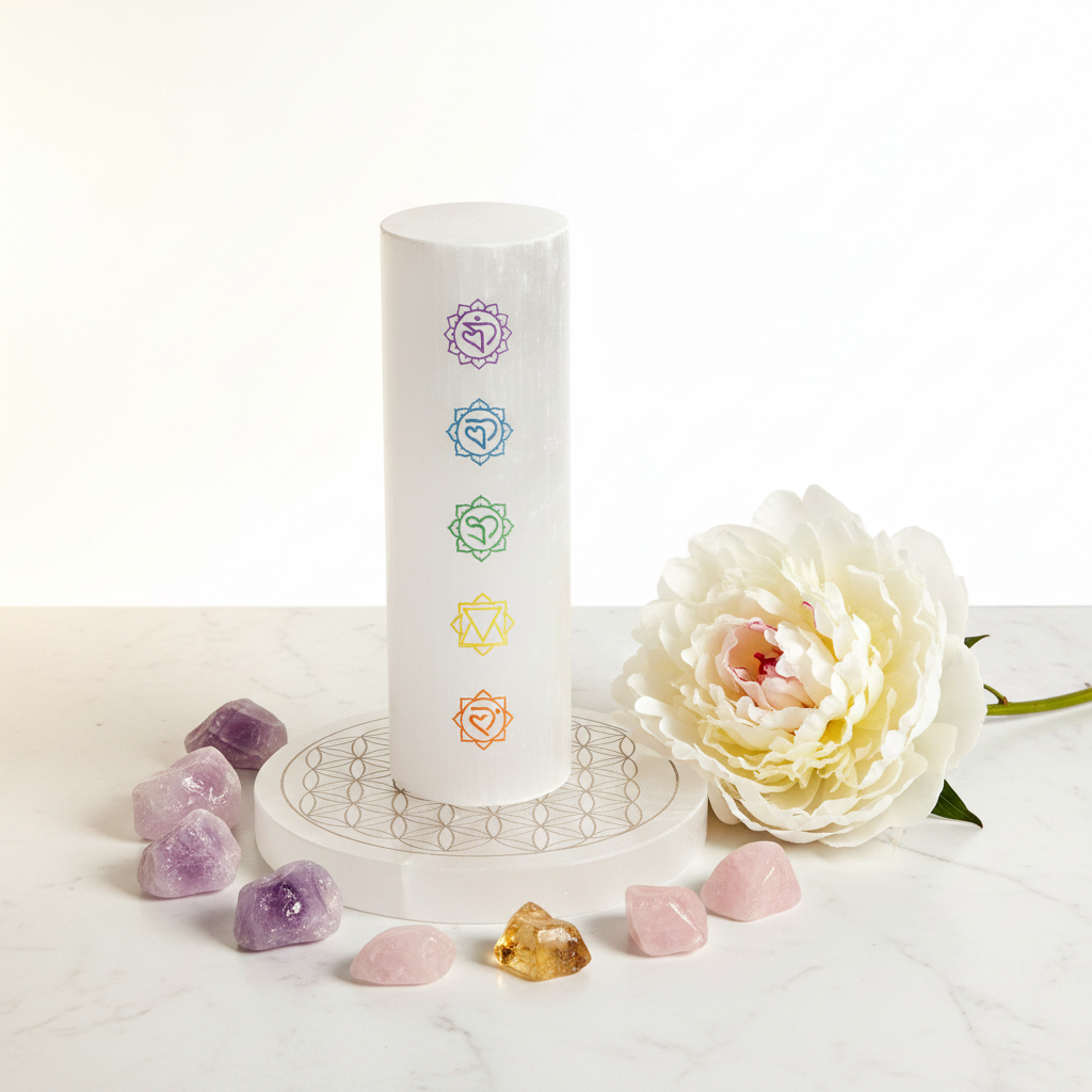 Selenite 7 Chakra Charging Pillar