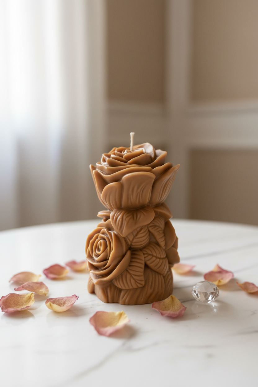 Carved rose pillar candle caramel brown styled on white marble with dried rose petals - Just Natural Purity