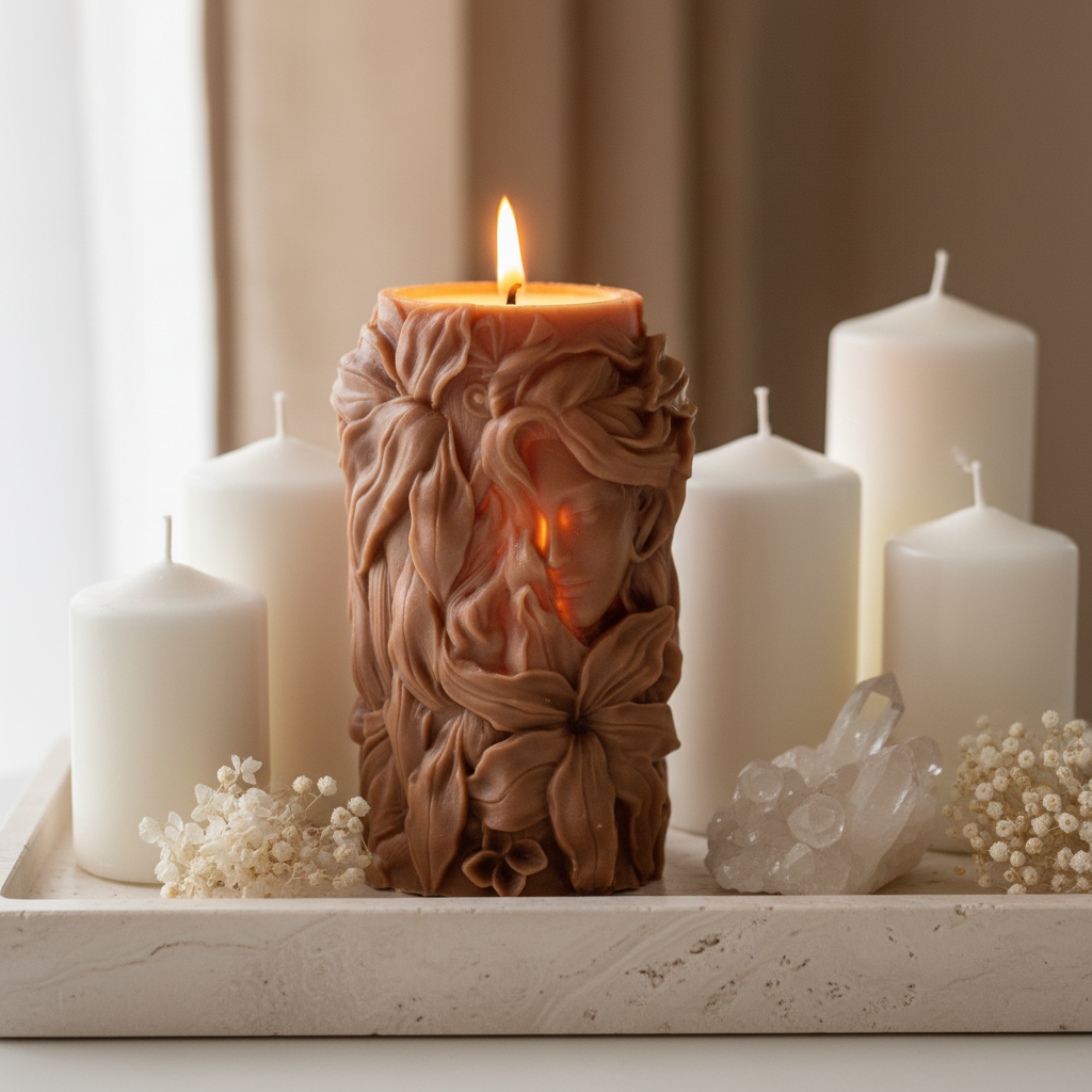 Lit goddess sculptural pillar candle on travertine tray with white pillar candles, dried flowers and crystal cluster home decor