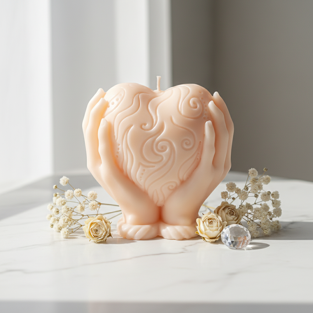 Pastel peach heart holding candle on white marble with dried flowers - Just Natural Purity