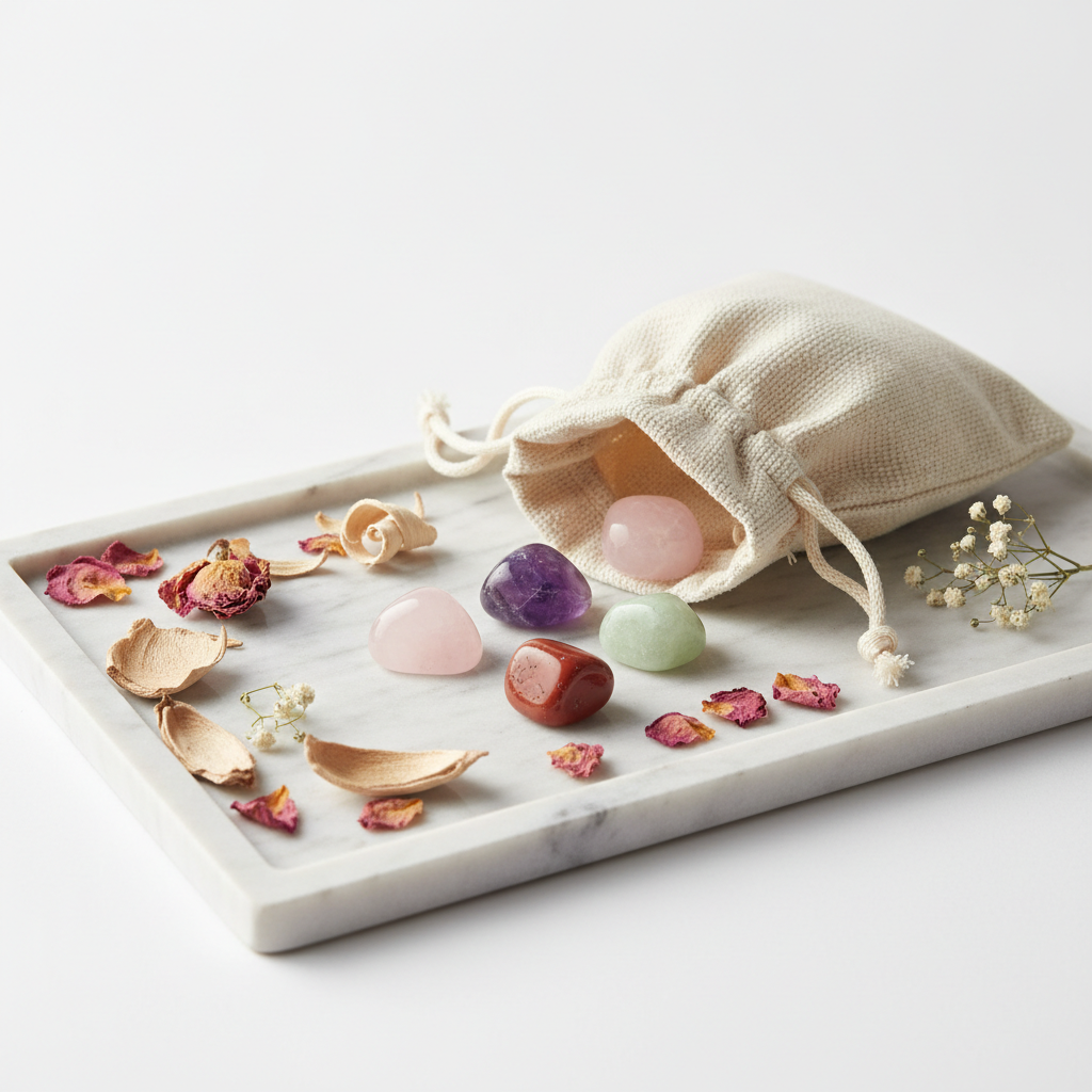 Love & Heart Healing Crystal Set - four crystal tumbles spilling from cream cotton potli with dried rose petals