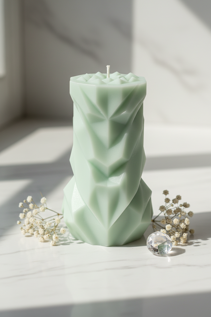 Pastel sage green geometric chevron pillar candle on white marble - Just Natural Purity