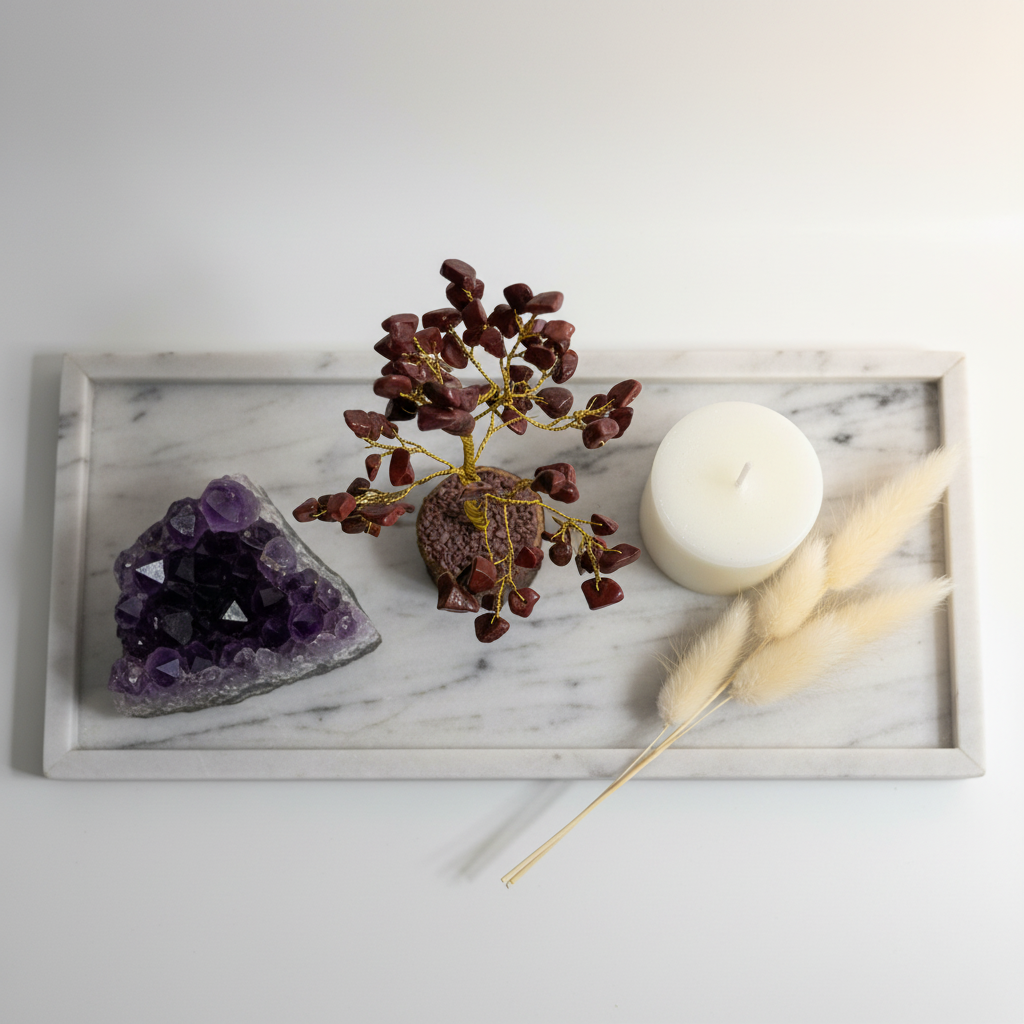 Red Jasper Crystal Tree luxury flat lay with candle and pampas grass