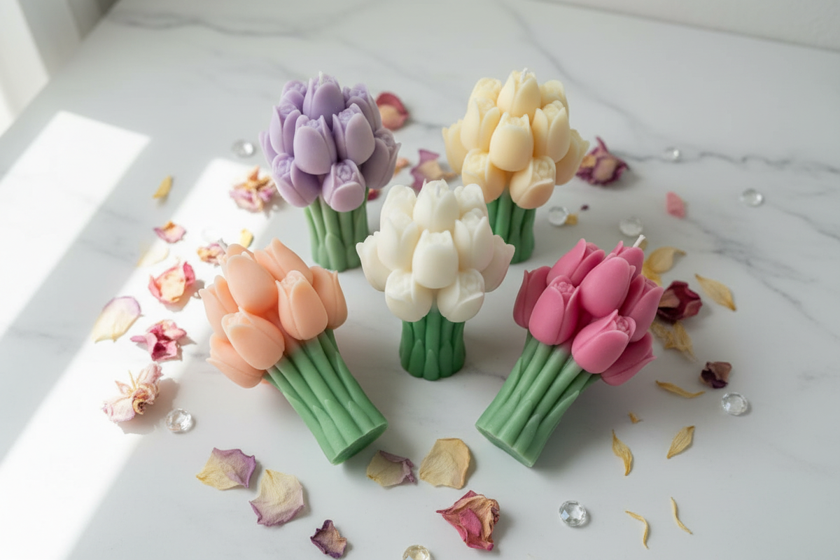 Tulip bouquet candles in multiple pastel colours group shot on white marble - Just Natural Purity