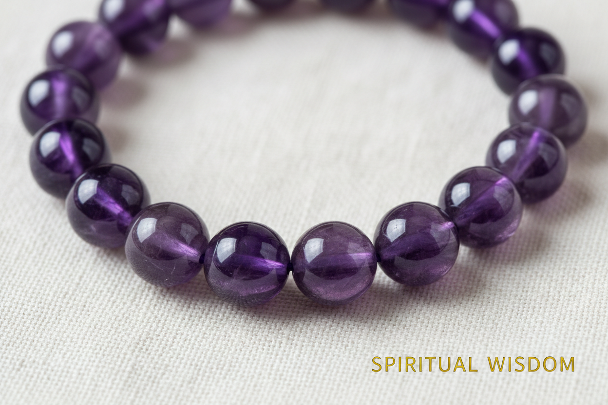 Close-up detail of Amethyst beads showing deep purple violet tones