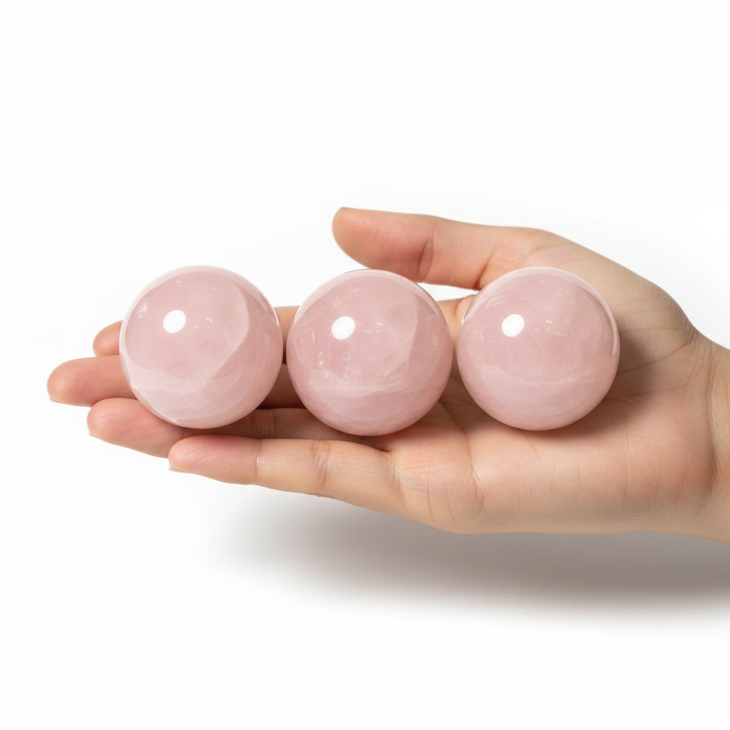 Rose Quartz Sphere - Size Reference - 3 spheres fit across a palm