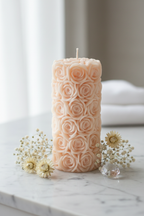 Pastel peach rose textured pillar soy candle on white marble with dried flowers - Just Natural Purity