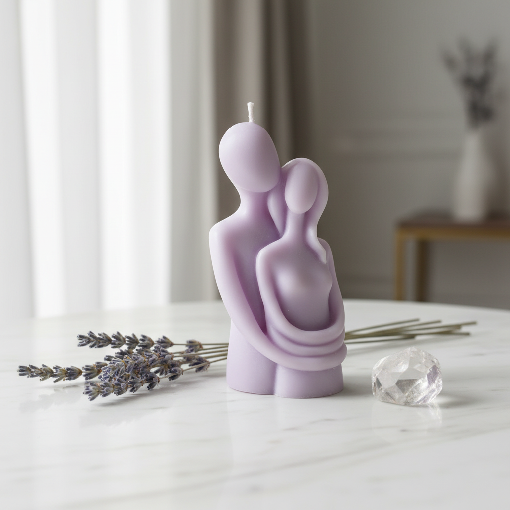 Pastel lavender couple hugging figurine soy candle on white marble with dried lavender - Just Natural Purity