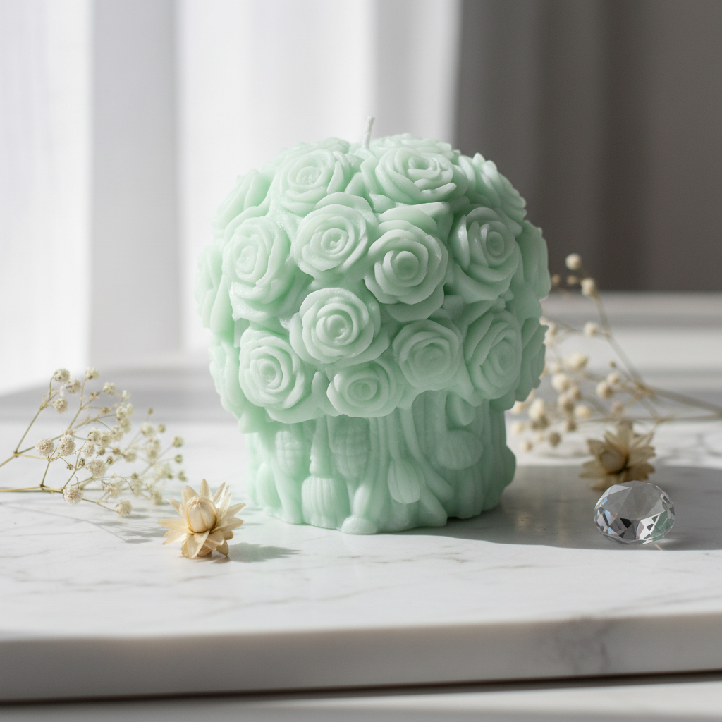 Pastel mint green rose small bouquet candle on white marble - Just Natural Purity
