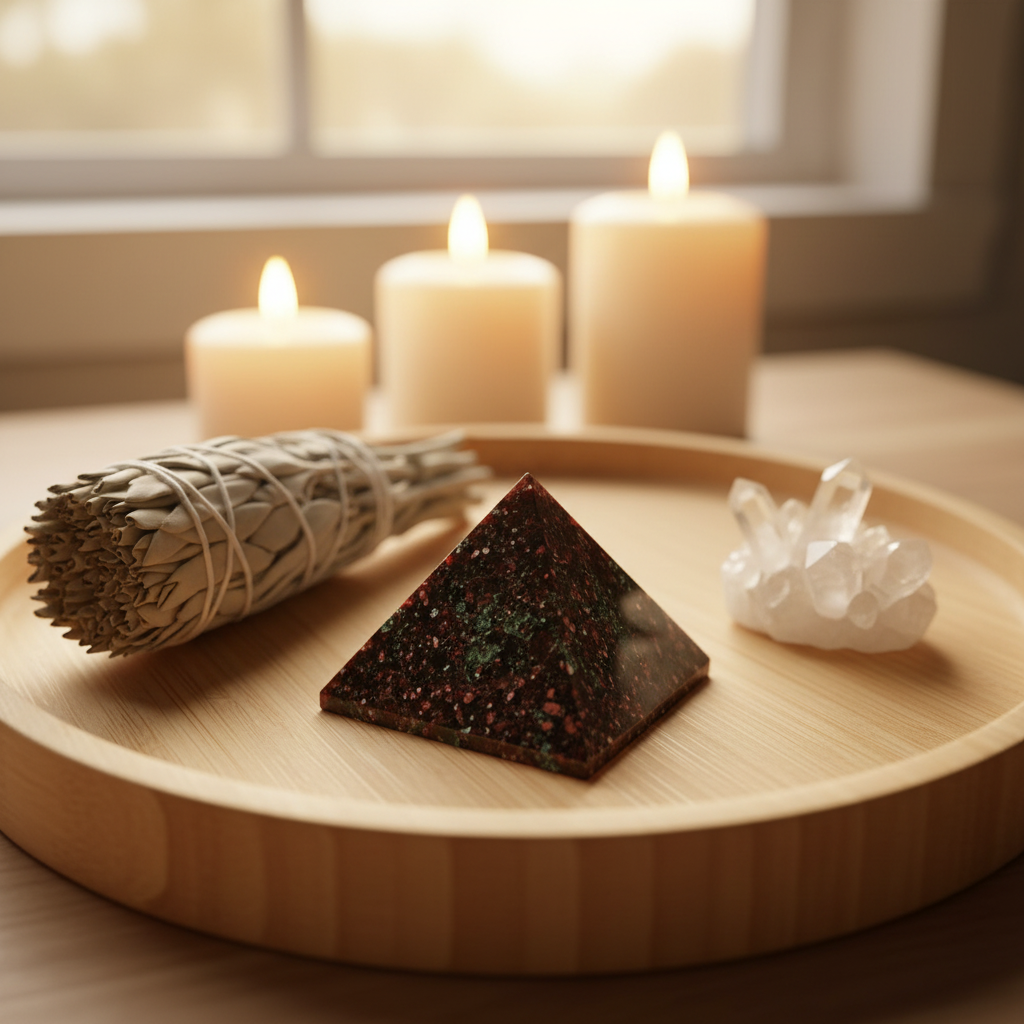 Garnet Pyramid meditation lifestyle with sage and candlelight