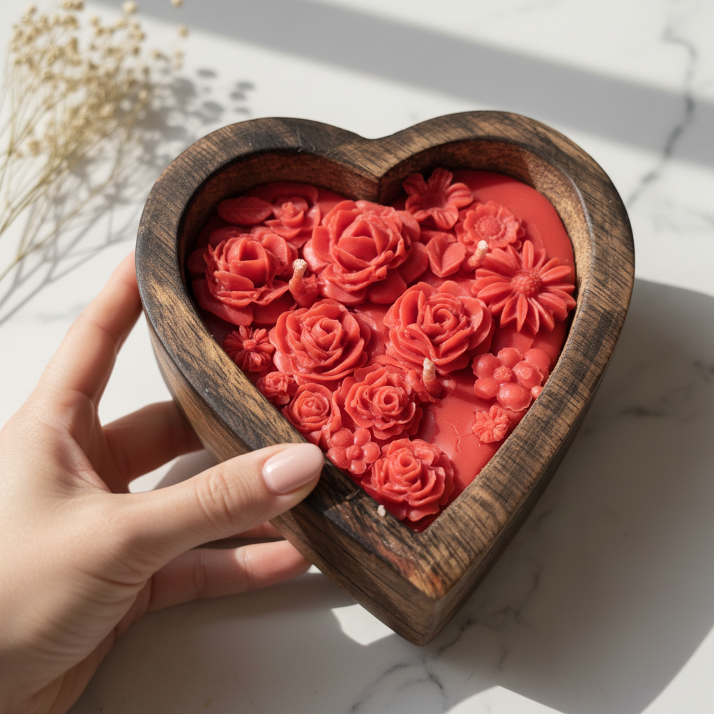 Elegant hand holding rose heart candle wooden tray, soft natural light