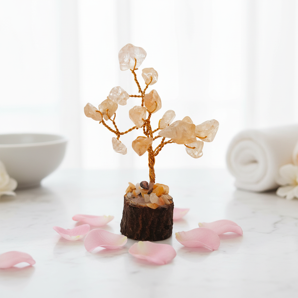 Citrine Crystal Tree on white marble with rose petals