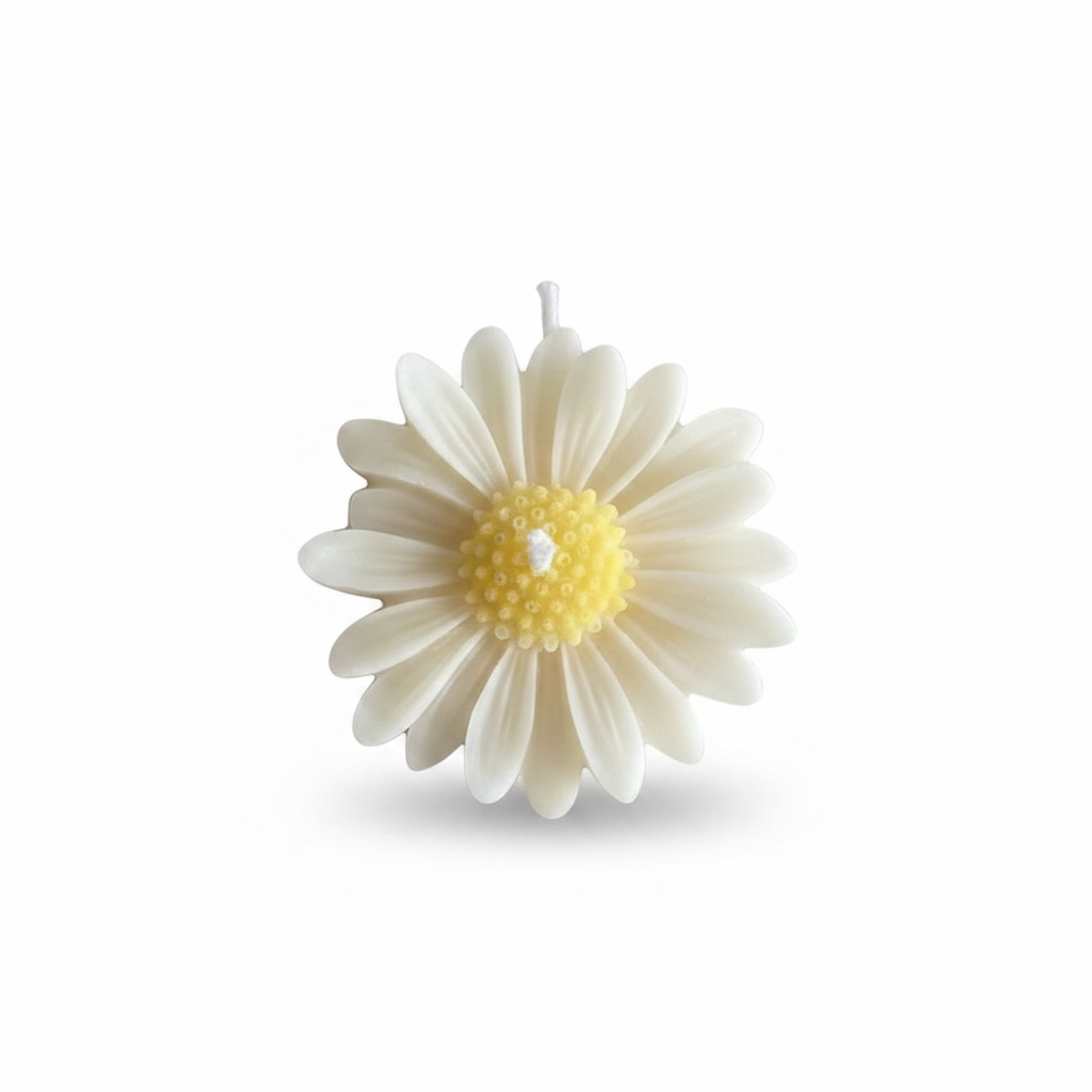 Daisy flower shaped soy candle - white background studio shot - Just Natural Purity