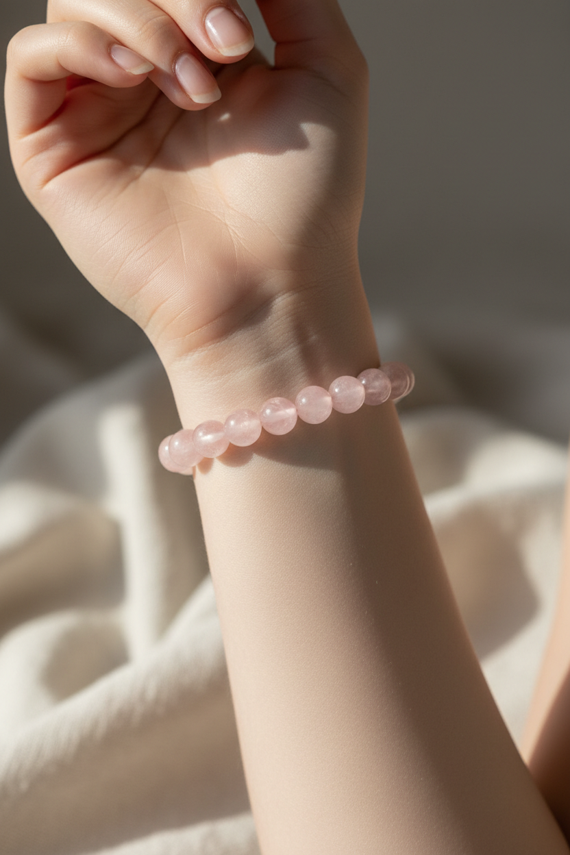Rose Quartz Bracelet worn on wrist showing gentle loving heart energy