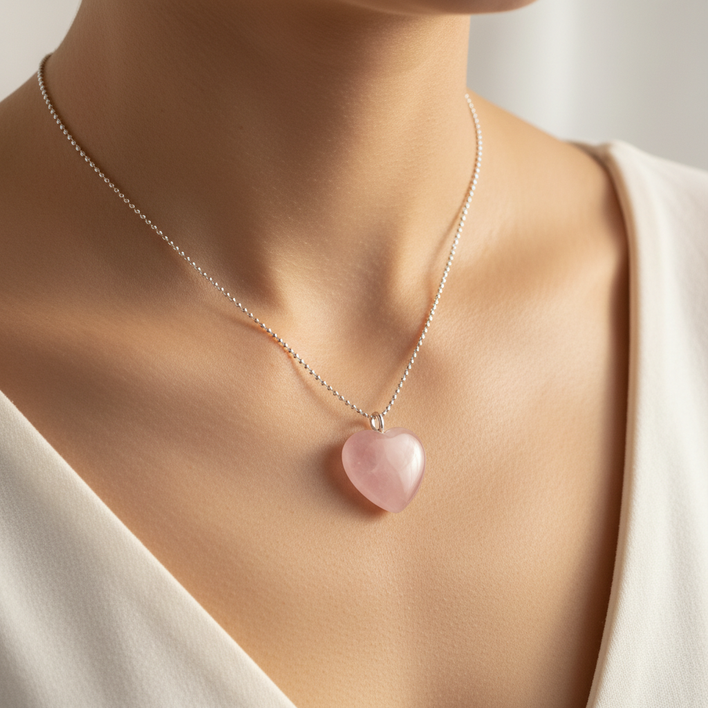 Model wearing Rose Quartz heart pendant necklace — love and healing crystal jewellery