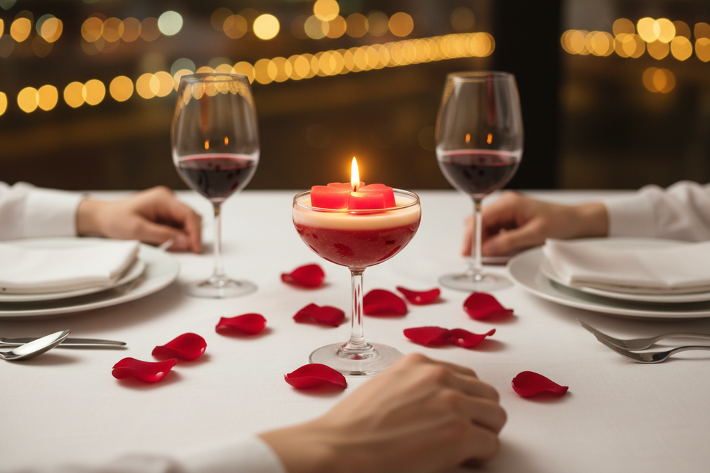 Romantic candlelight dinner scene with red velvet coupe candle as centrepiece, couple hands, rose petals and wine glasses