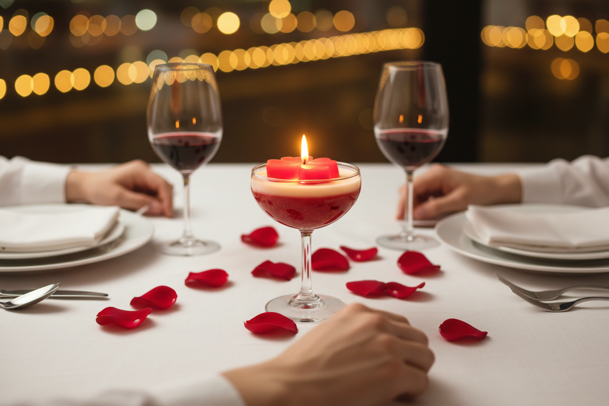 Romantic candlelight dinner scene with red velvet coupe candle as centrepiece, couple hands, rose petals and wine glasses
