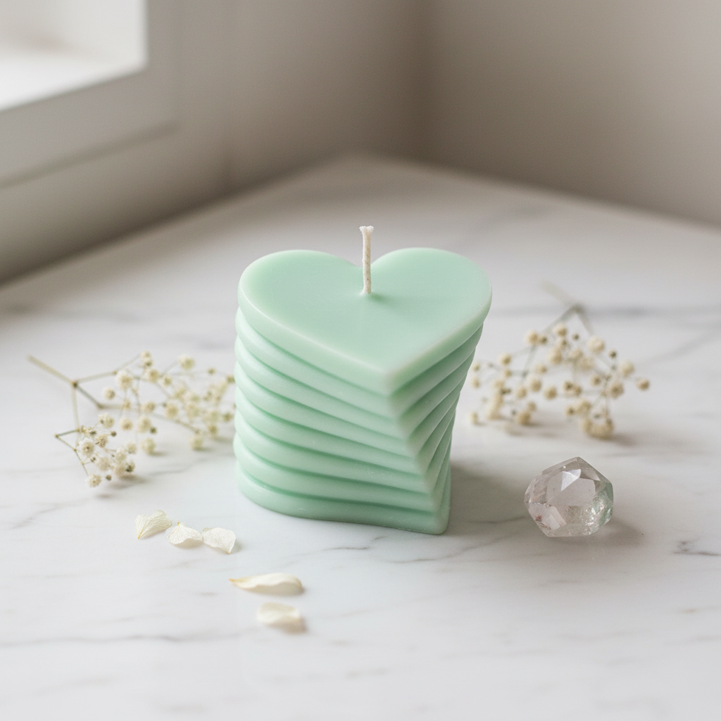 Pastel mint green layered heart candle on white marble - Just Natural Purity