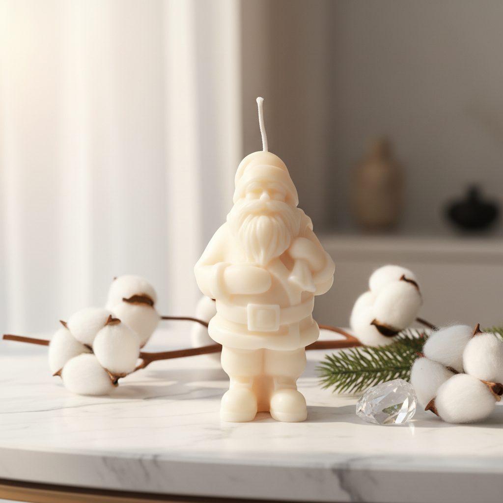 Cream Santa Claus figurine candle festive home decor styled on white marble - Just Natural Purity