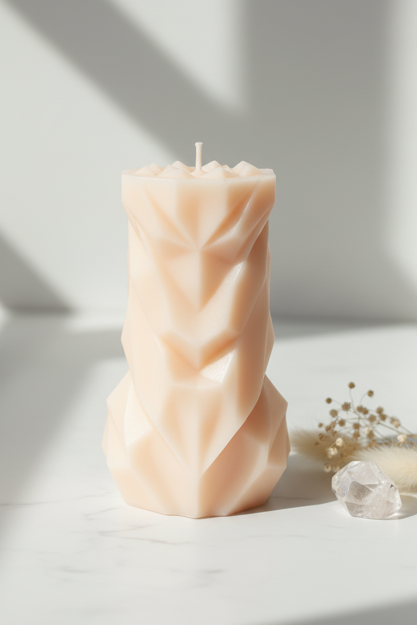 Pastel peach geometric chevron pillar candle on white marble - Just Natural Purity
