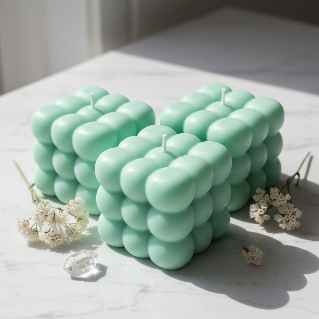 Pastel mint green triple cloud candles on white marble - Just Natural Purity
