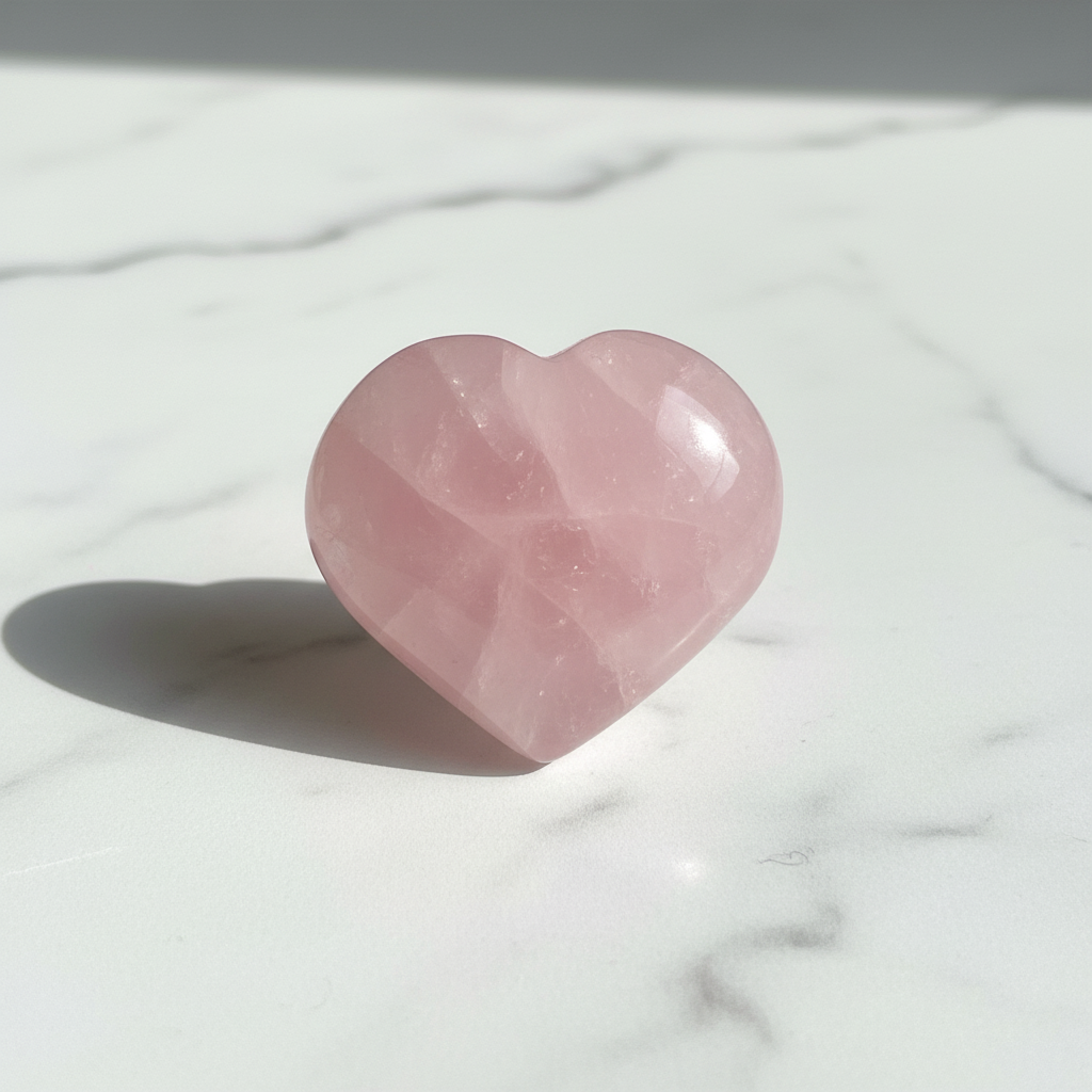 Rose Quartz Heart Stone with soft pink color on marble surface