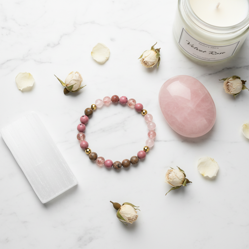 Premium Luxury Crystal Hamper - top-down flat lay with Divine Love Bracelet, Rose Quartz palm stone, Velvet Rose candle and Selenite slab on white marble with dried roses