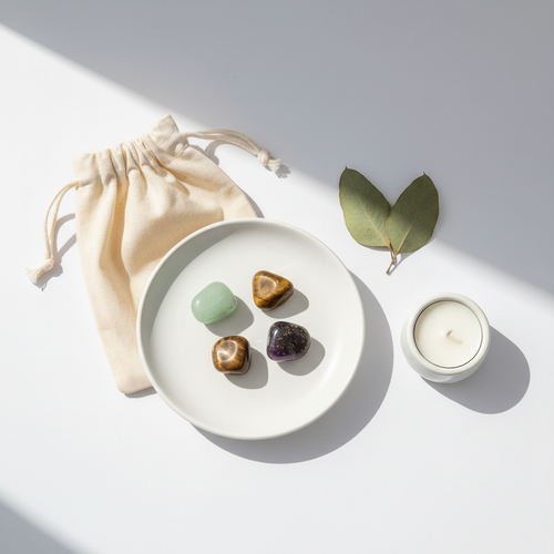 Abundance & Growth Crystal Set - Green Aventurine, Tiger Eye, Amethyst and Bronzite tumbles on white plate with cotton potli
