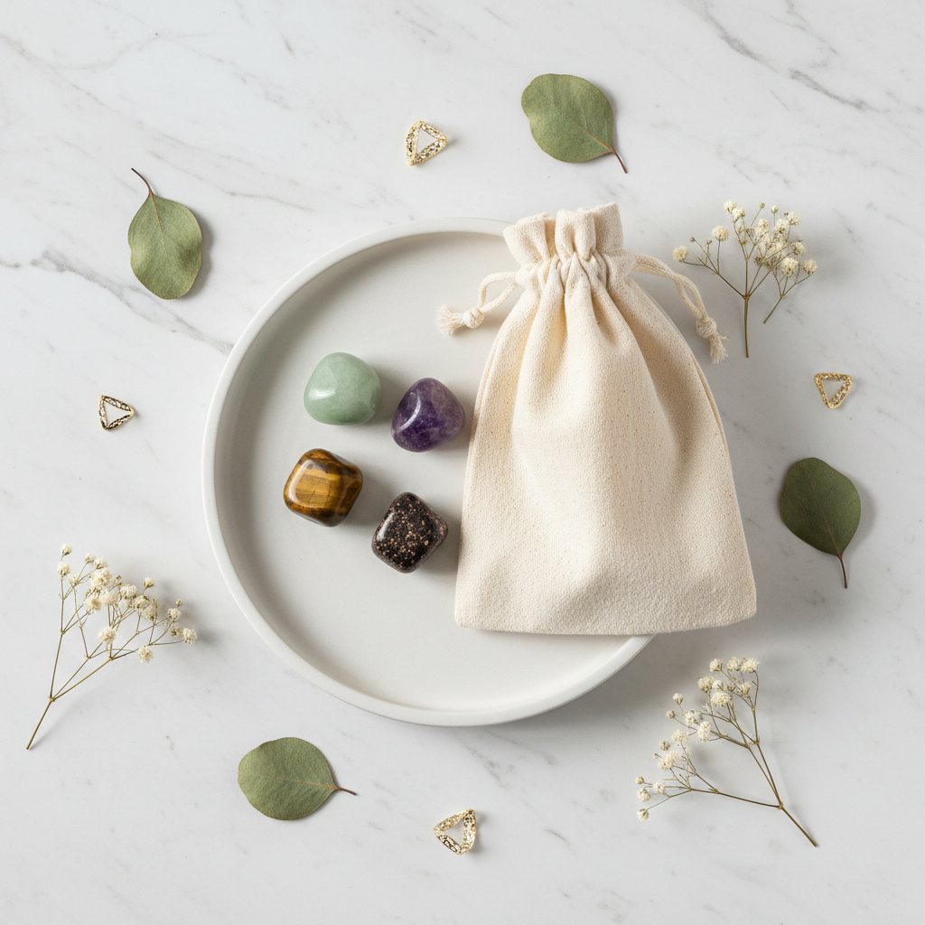 Abundance & Growth Crystal Set - top-down flat lay of Green Aventurine, Tiger Eye, Amethyst and Bronzite tumbles with cotton potli