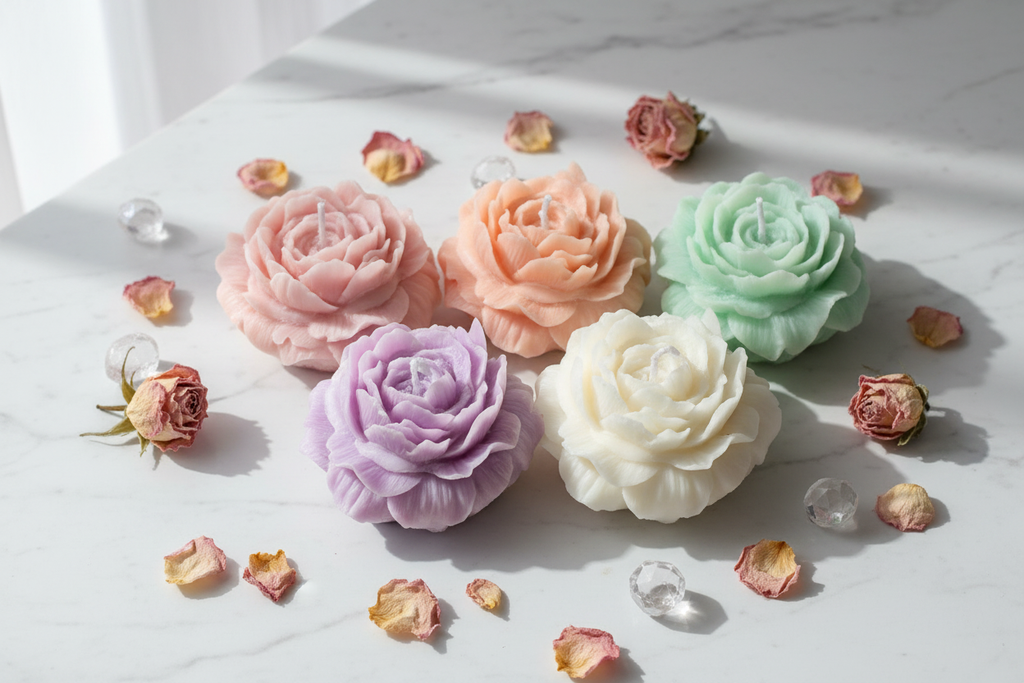 Rose bloom candles in multiple pastel colours group shot on white marble - Just Natural Purity