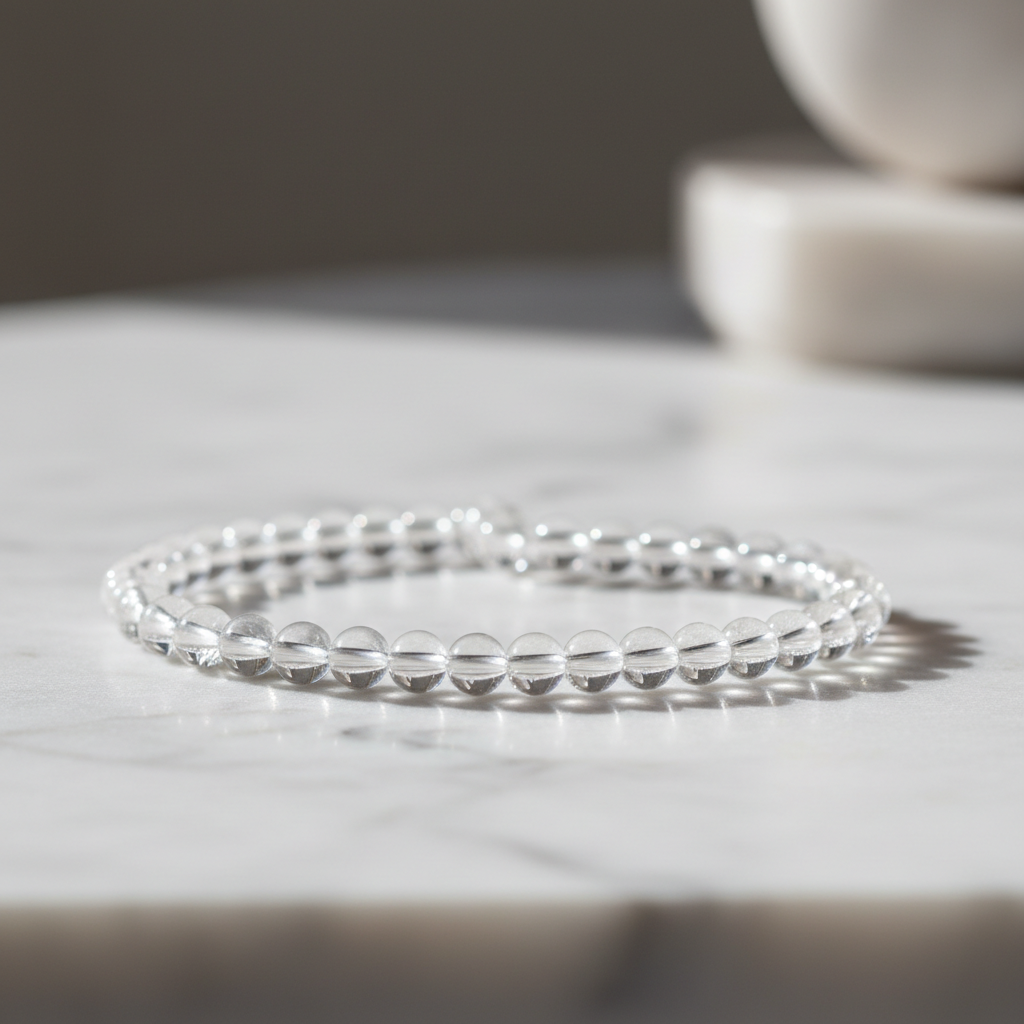 Clear Quartz Crystal Bracelet with translucent beads on marble surface