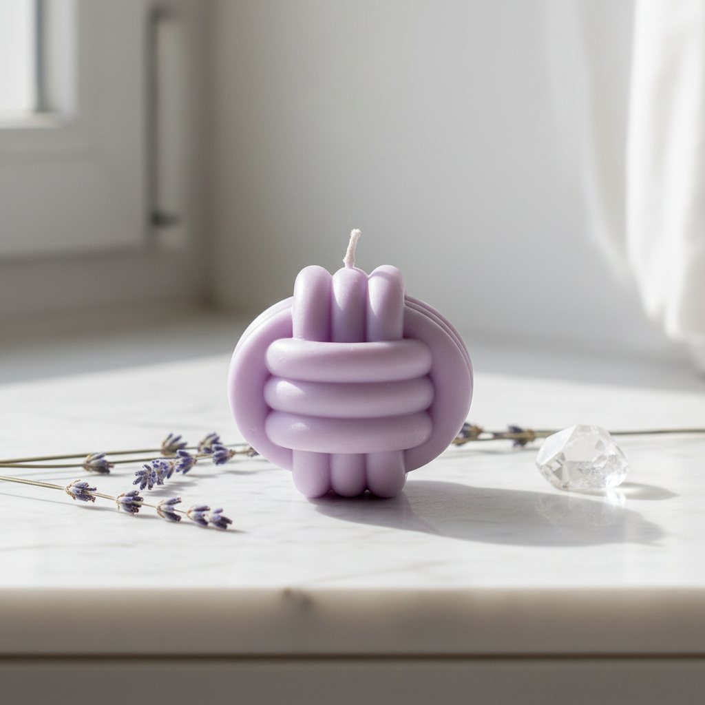 Pastel lavender infinity bloom candle on white marble - Just Natural Purity