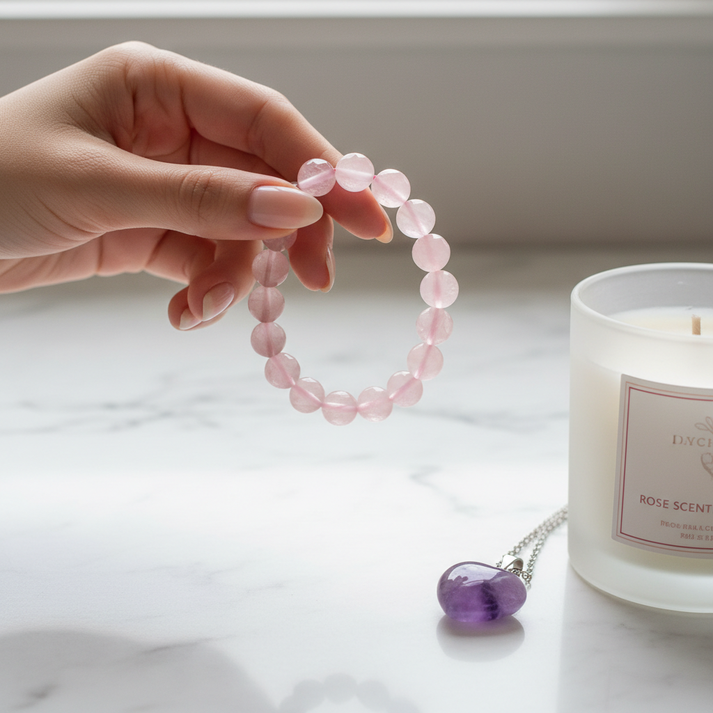 Sister's Love Crystal Gift Set - elegant hand holding Rose Quartz bracelet with candle and pendant on white marble