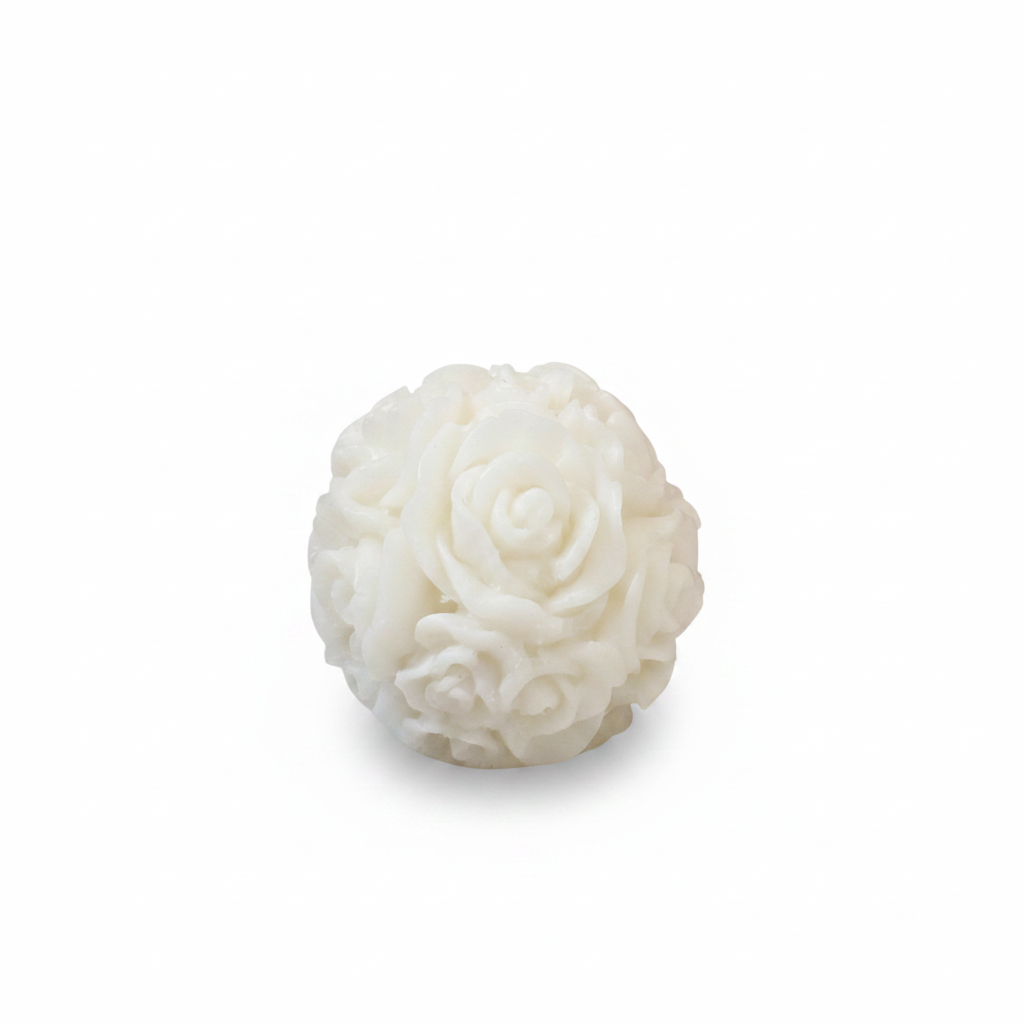 Rose ball sphere soy candle covered in rose petals - white background studio shot - Just Natural Purity