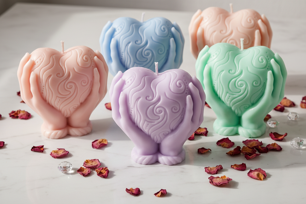 Heart holding candles in multiple pastel colours group shot on white marble - Just Natural Purity