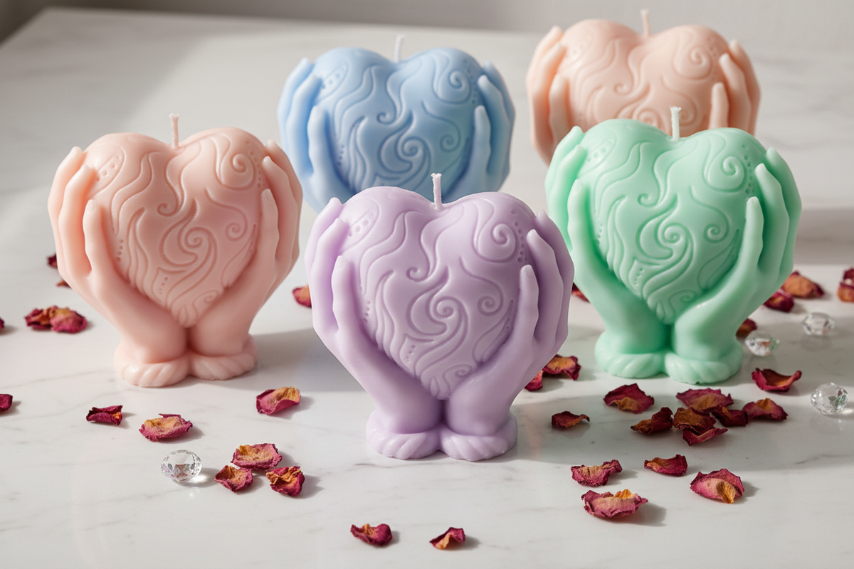 Heart holding candles in multiple pastel colours group shot on white marble - Just Natural Purity