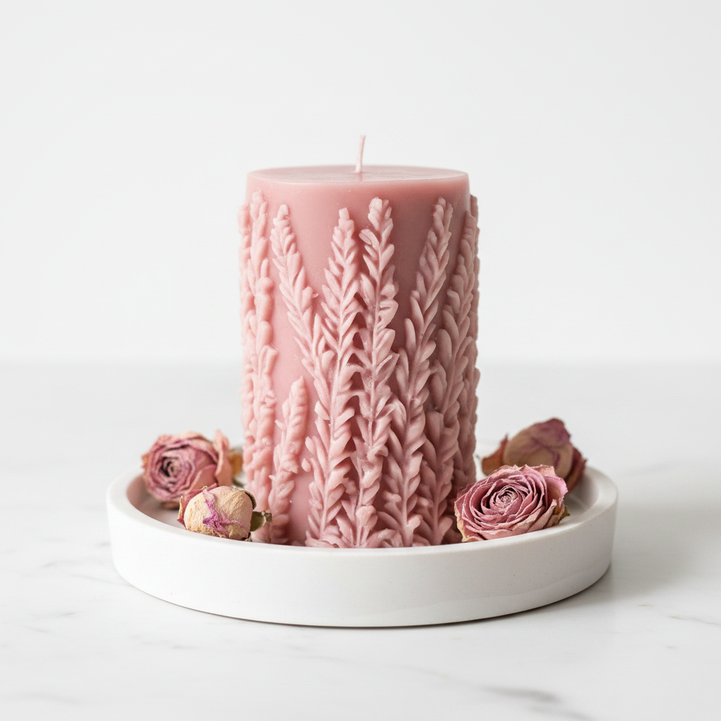 Blush pink botanical leaf relief pillar candle on marble surface with dried pink roses luxury home decor