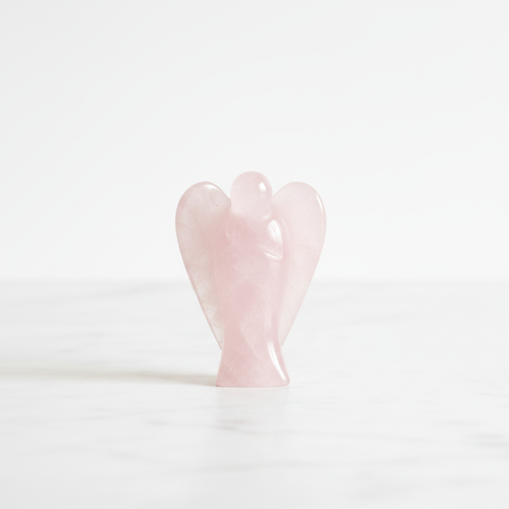 Rose Quartz 1 inch pocket angel figurine — hand-carved crystal angel on white background
