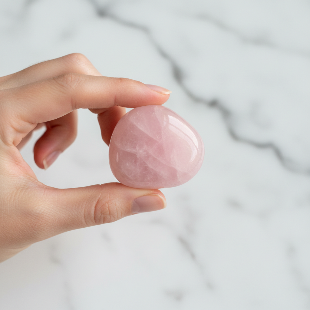 Rose Quartz Tumble 50 gms held in hand, elegant close-up shot on white marble