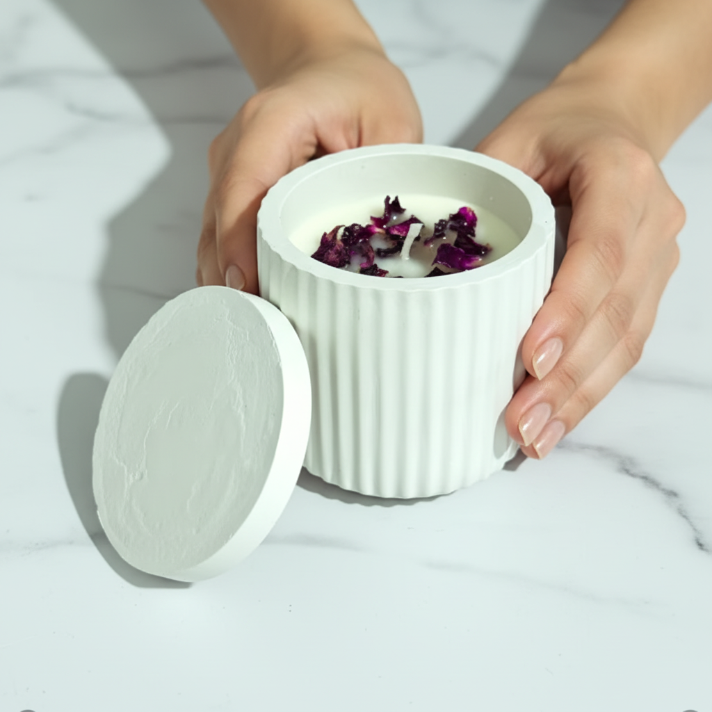 Elegant hand holding rose petal ceramic jar candle, soft natural light, white marble background