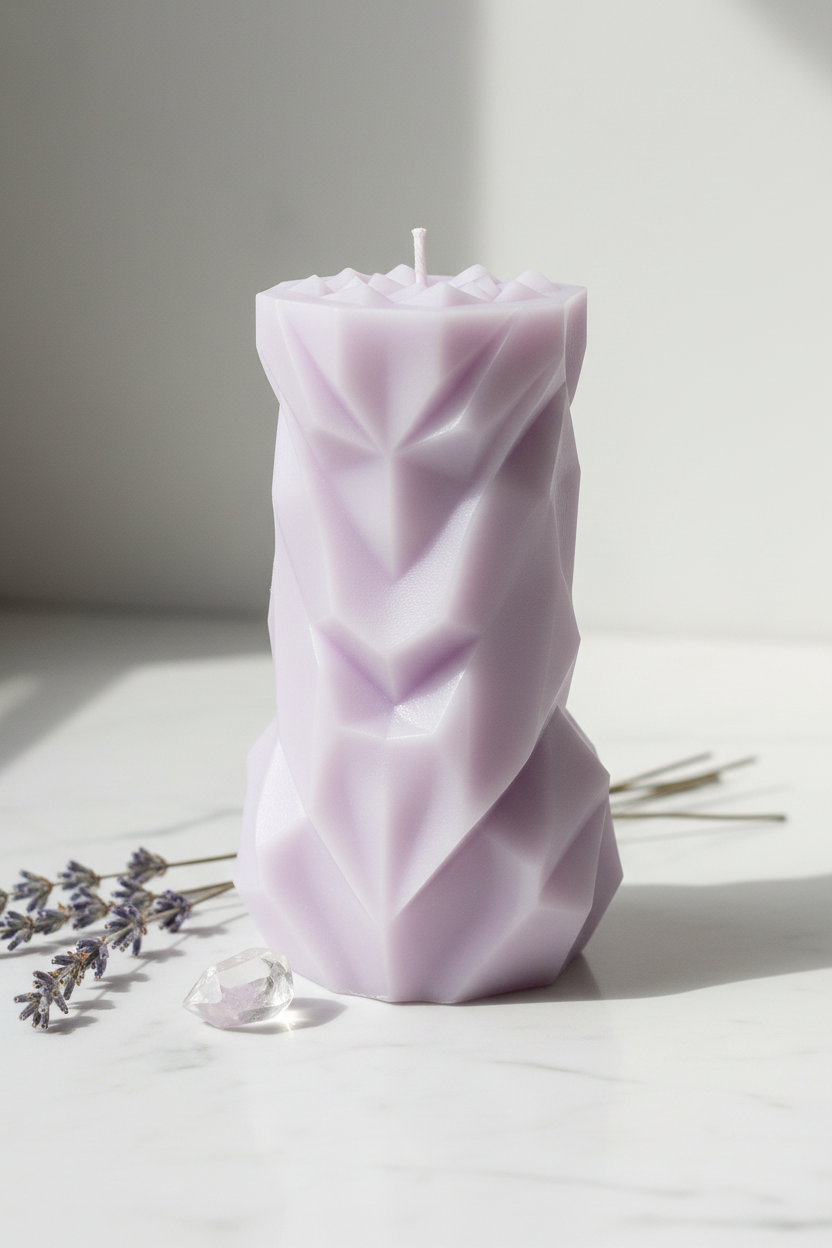 Pastel lavender geometric chevron pillar candle on white marble - Just Natural Purity