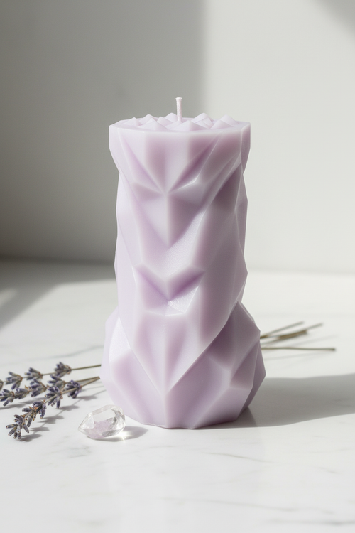 Pastel lavender geometric chevron pillar candle on white marble - Just Natural Purity