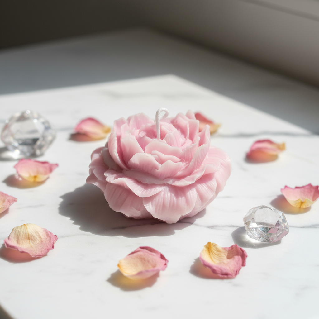 Pastel blush pink rose bloom candle on white marble with dried rose petals - Just Natural Purity